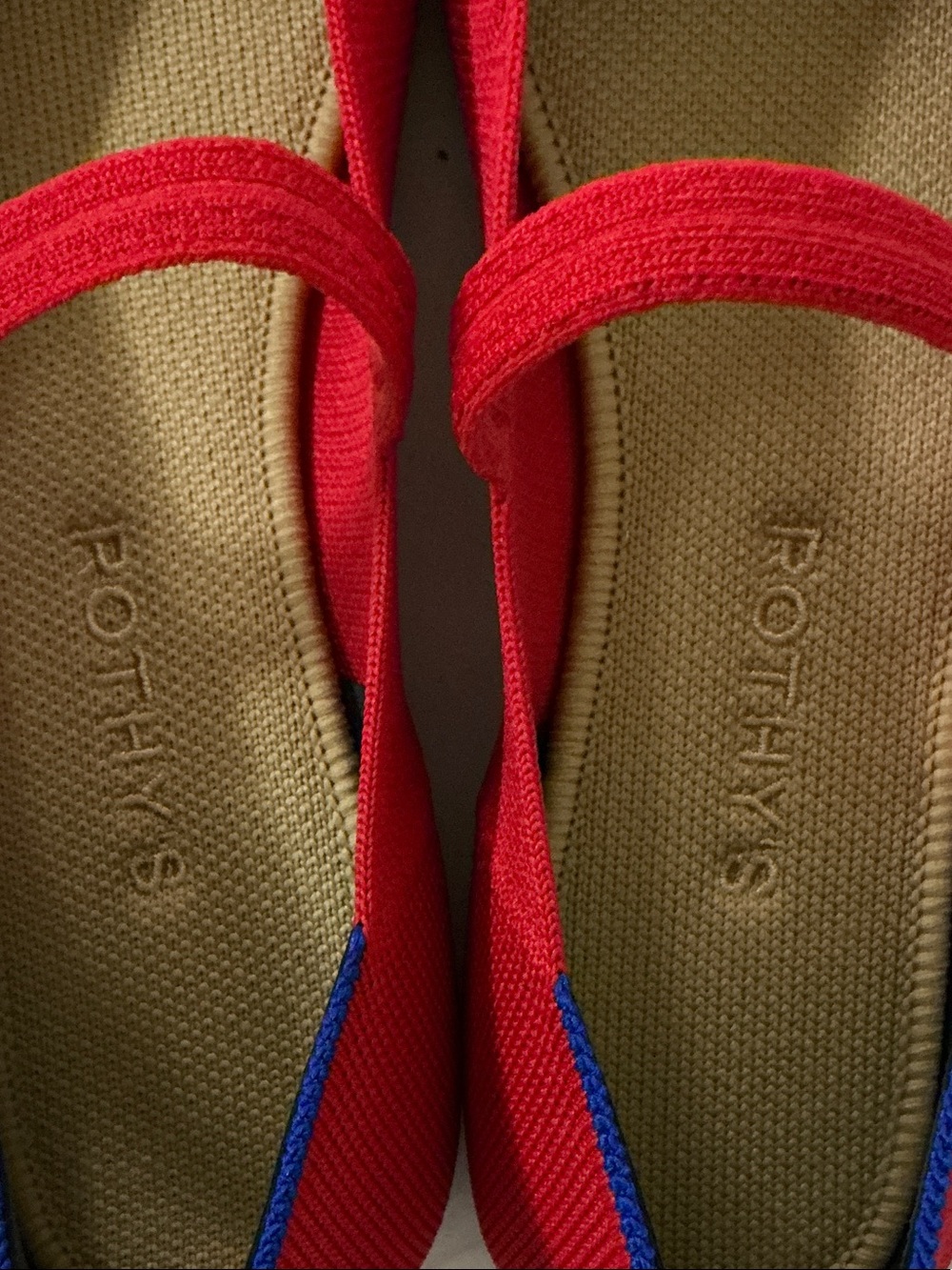 Rothy's Red Mary Jane Flats with Blue Heel Accent - Picture 2 of 5